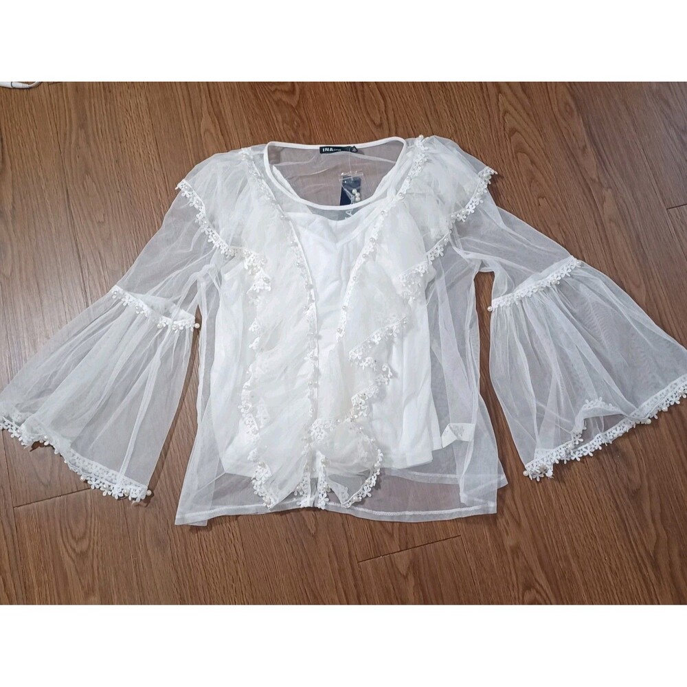 INA Women's White Ruffle Tulle Blouse With Peal And Embroidered Accents Size L